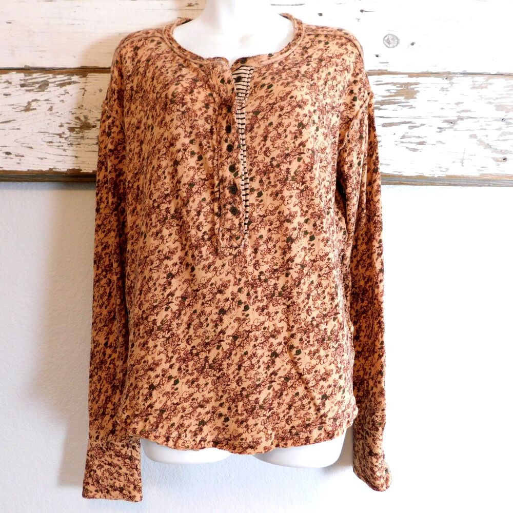 We The Free Top Henley Thermal Floral Boho Medium Buttons Tan Long Sleeve NWT